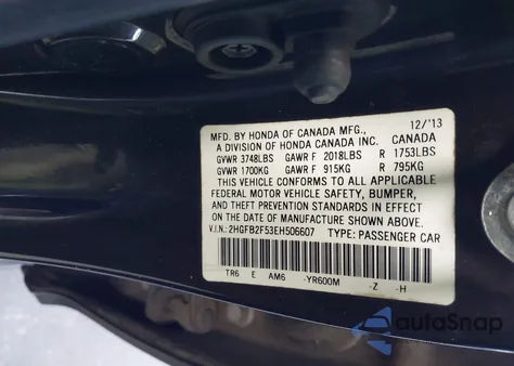 2014 Honda Civic Lx from USA, damaged, VIN 2HGFB2F53EH506607